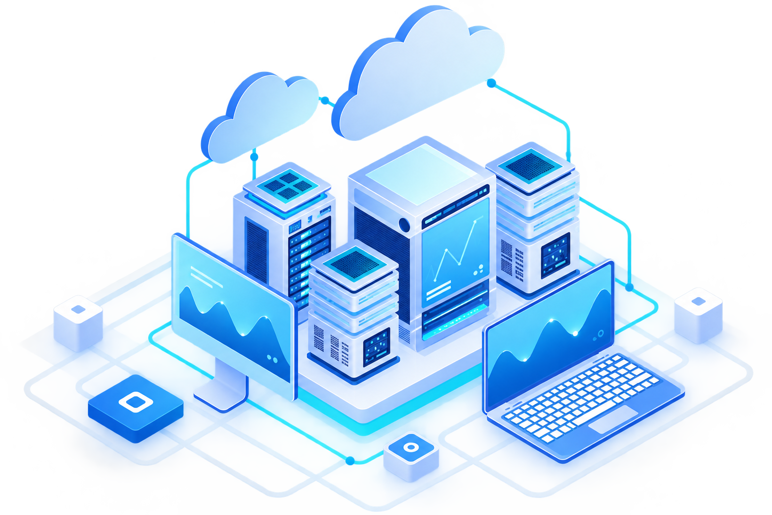 Isometric illustration of cloud and server infrastructure